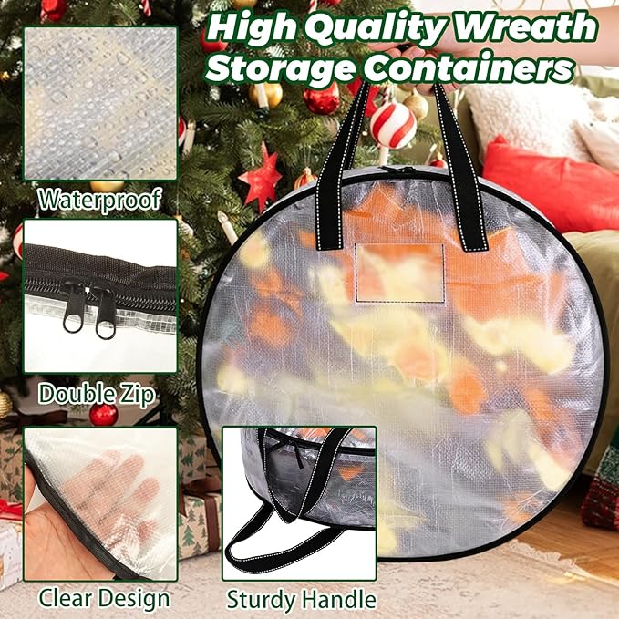 YAYODS 6 Pack Wreath Storage Container Bag 24 Inch Christmas Wreath Storage Bag Heavy Duty Christmas Wreath Boxes with Clear Window for Xmas Holiday Seasonal Wreath Garland (Black)