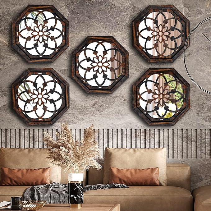 ZOLAPI 2-Piece Octagon Wall-Mounted Mirrors,Vintage Farmhouse Mirror for Wall Decor,Caramel Color Decorative Accent Mirror for Foyer, Bathroom, Bedroom. (12”x12”)