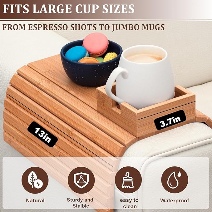 Sofa Arm Tray Table with Cup Holder, Bamboo Couch Armrest Organizer for Remote, Phone, Snacks, Foldable Non-Slip Couch Arm Table Fits Most Sofas, Couches and Recliners