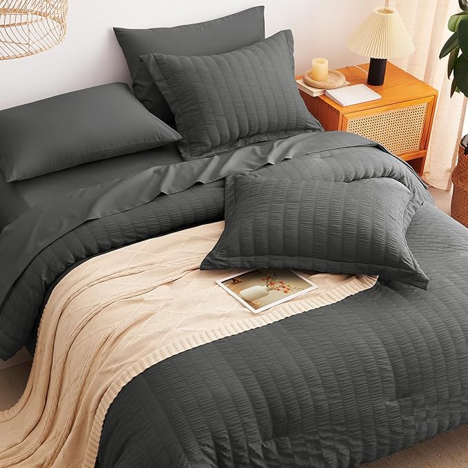 CozyLux Full Size Comforter Sets with Sheets 7 Pieces, Dark Grey Seersucker Bed in a Bag Textured Luxury Soft Dark Gray Bedding Set Down Alternative Comforter, Sheets, Pillowcases & Shams All Seasons