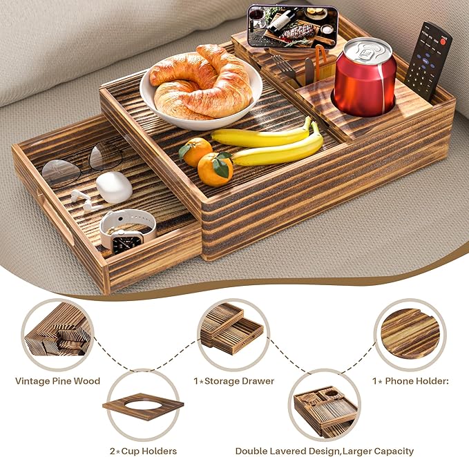 Vintage Wood Couch Cup Holder, 7-in-1 Couch Caddy Tray, Sofa Side Table with Push-Pull Drawer to Organize and Store Small Objects, 360°Swivel Phone Holder, for Drink, Cups, Snacks, Remote