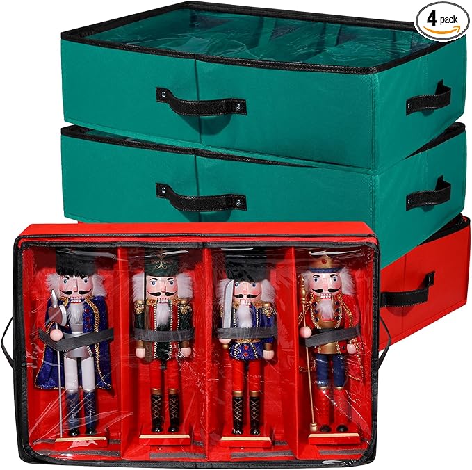 Preboun 4 Pack Clear Top Christmas Nutcracker Storage Box Christmas Figurine Storage Box Containers Ornament Storage Box Storage Container Each Holds 4 Figurines up to 16 Inches (Red,Bottle Green)