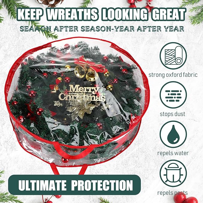 Shappy 6 Pcs 36 Inch Back to School Wreath Storage Container Clear Wreath Storage Bags PVC Waterproof Garland Bags with Clear Window Dual Zippers and Handles for Holiday Artificial Garland (Red)
