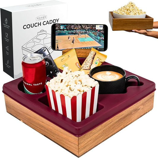 Silicone Couch Cup Holder Tray – Silicone Acacia Couch Caddy with Cup Holder & Phone Stand – Waterproof Anti-Spill Snack & Bed Caddy Organizer Sofa Tray for Drinks, Snacks, & Remotes (Maroon)