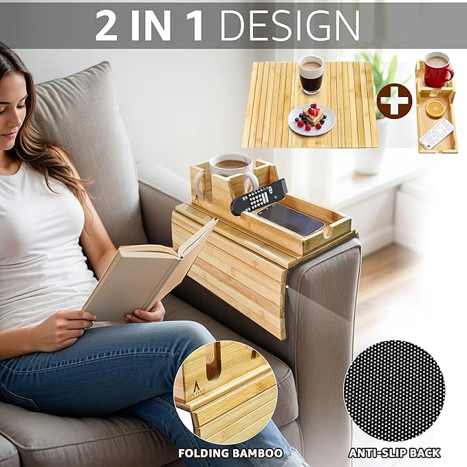 Bamboo Couch Arm Tray with Non-Slip Mats, Slide-Away Upper Tray, Adjustable Fit for Various Sofa Armrests – Ideal for Snacks, Drinks, Remotes and Electronics (Natural)