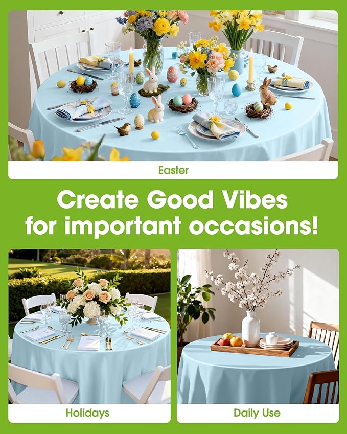 Pureegg Plastic Table Cloth Disposable 10 Pack, 84'' Round Table Cloths, Easter Party, Picnic, Wedding, Decorative Tablecloths, Round, Baby Blue Plastic Cover, Leakproof & Sturdy, Light Blue