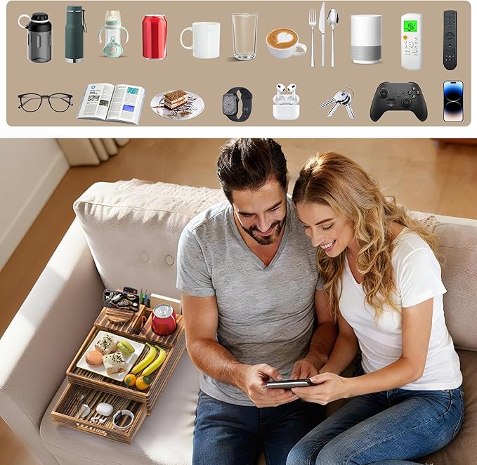 Vintage Wood Couch Cup Holder, 7-in-1 Couch Caddy Tray, Sofa Side Table with Push-Pull Drawer to Organize and Store Small Objects, 360°Swivel Phone Holder, for Drink, Cups, Snacks, Remote