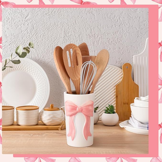 LemonRoad Pink Bow Ceramic Utensil Holder 3D Coquette Handmade Pink Kitchen Decor Mothers Day Kitchen Gifts Cooking Utensil Crock with Scalloped Preppy Caddy Pen Holder Vase for Countertop Spoon