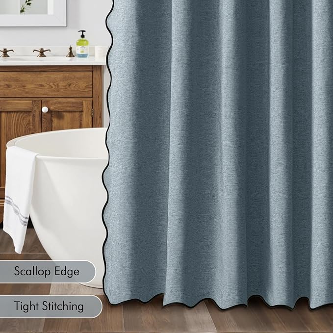 MIULEE Dusty Blue Scalloped Shower Curtain Linen Textured with 12 Metal Hooks Cute Heavy Duty Washable Waterproof Thick Cloth Shower Curtains with Black Border for Bathroom Hotel Bathtub,W72*L72