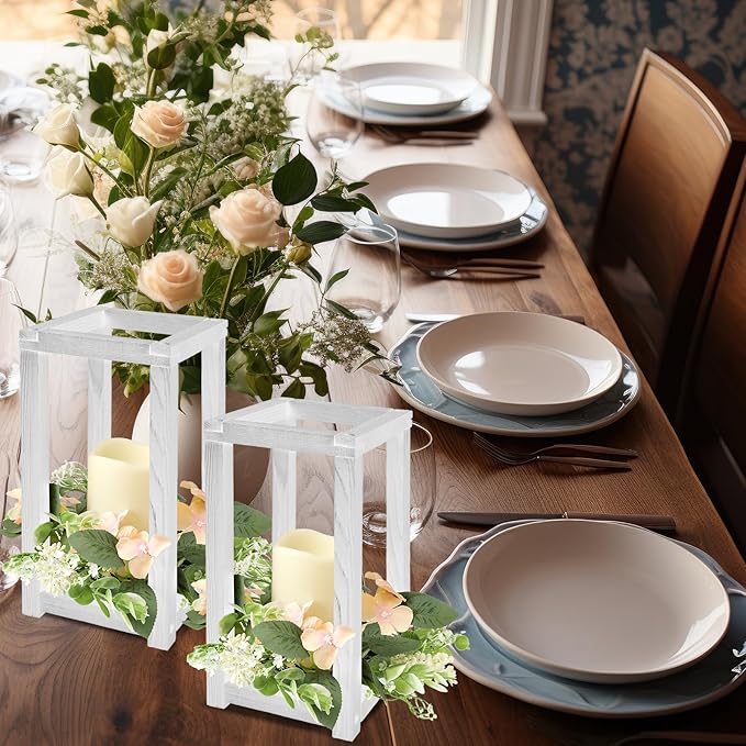 Hushee 60 Pcs Wooden Wedding Lantern Centerpiece Integrated Holders with Candles and Wreaths Rustic Wooden Candle Lantern Decor for Wedding Party Table Valentine Decor (White)