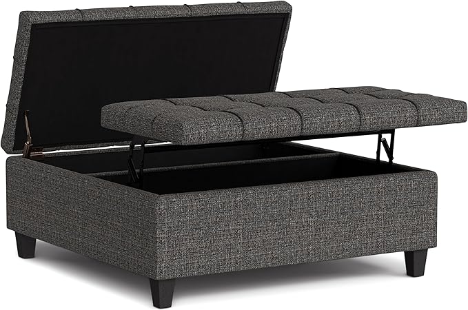 SIMPLIHOME Harrison Large Coffee Table Storage Ottoman - 40 inch Wide Upholstered Tweed Look Fabric Square Lift-Top Ottoman in Ebony, Transitional Bench for Living Room with Sturdy Base