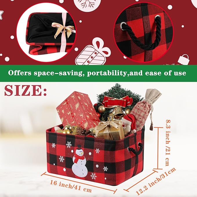 INough Christmas Baskets, Large Red Buffalo Plaid Collapsible Storage Basket with Handles, Empty Holiday Gift Basket for Toys, Blankets, Baby Items and Christmas Home Decorations
