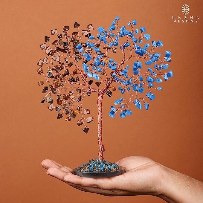 Handmade Healing Crystal Tree of Life Pink Tiger Eye and Turquoise Chakra Tree for Money, Good Luck, Feng Shui Home Decor, Living Room Office Deocration, Unique Birthday Gifts for Women, Men, Mom