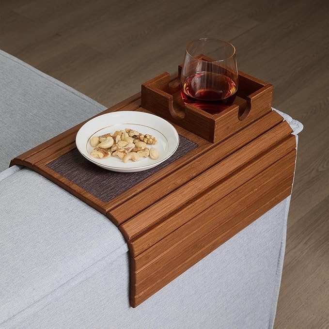Detor Couch Cup Holder Tray with Super Anti-Slip Pad, Large 4.5" x 4.5" Organizer, Acacia-Stained Bamboo Finish, Enhanced Non-Slip Felt Base, Durable Bamboo Slats, Fits Armrests 5.5" and Wider