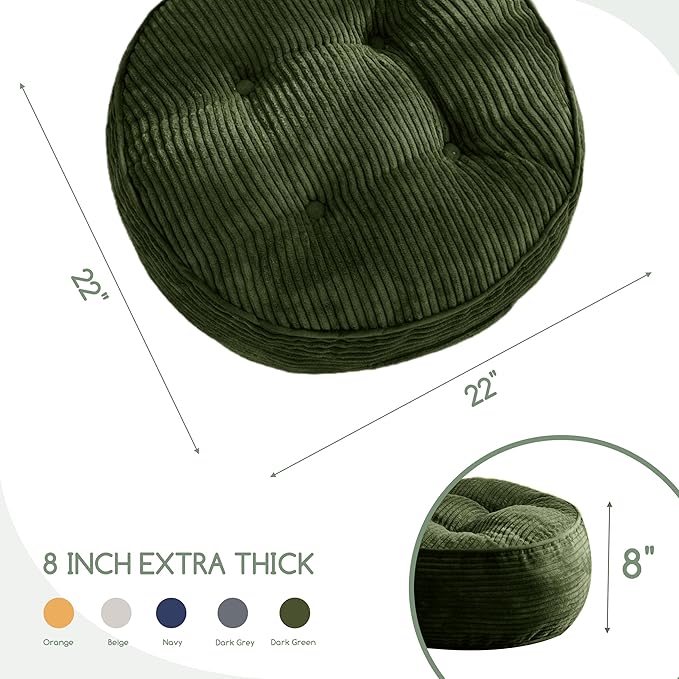HIGOGOGO 8" Extra Thick Floor Pillow Cushion for Adults, Meditation Cushion Pillow, Large Round Floor Sitting, Tufted Corduroy Cover, for Tatami Living Room or Yoga, 22x22 Inch, Dark Green