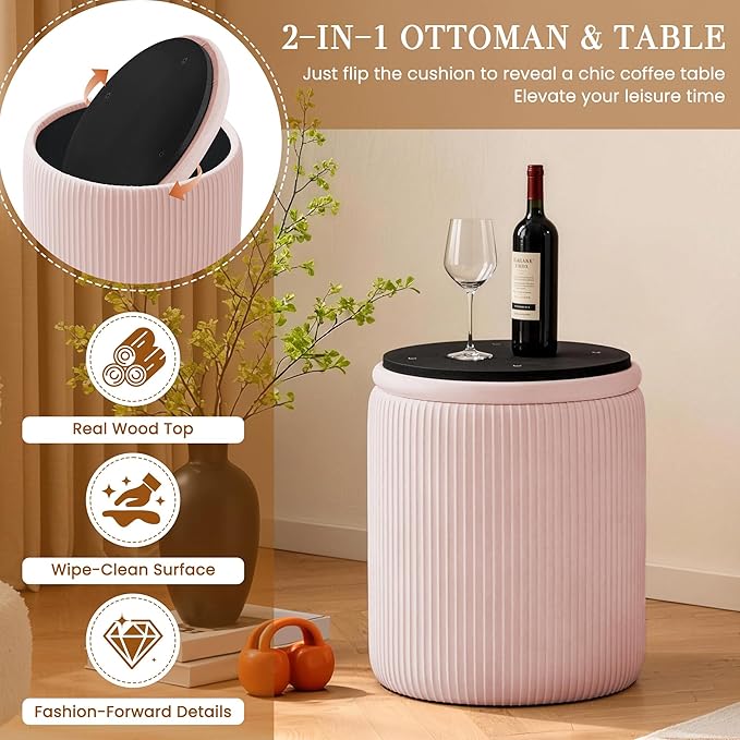 Set of 2 Round Storage Ottomans, Velvet Footstool Pouf with Lid - Multi-Use Vanity Stool for Bedroom or Coffee Table/Footrest for Living Room（Pink）