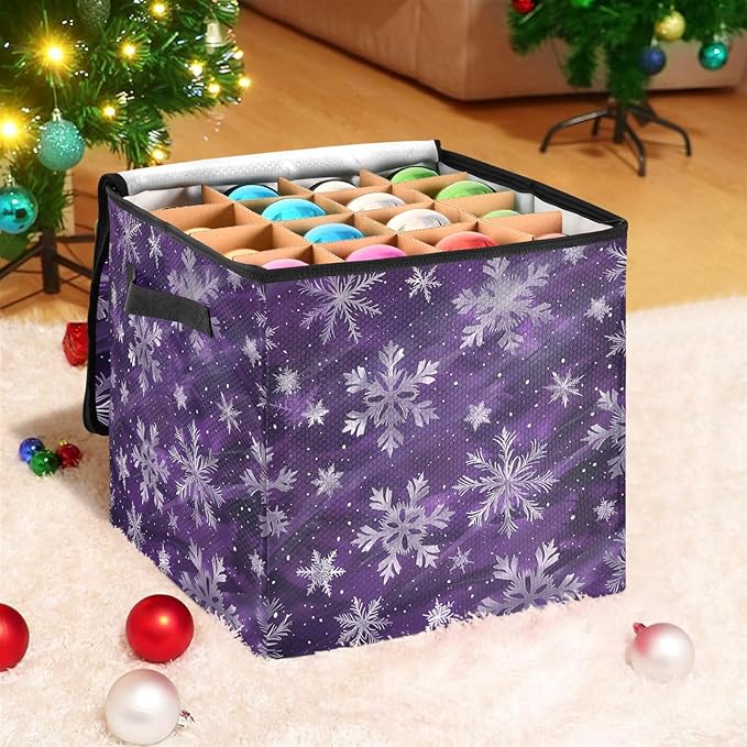 Purple Snowflake Christmas Ornament Storage Basket Box Winter Xmas Holiday Storage Container Cube with Adjustable Dividers for 64 Holiday Ornaments or Decorations Keeps Clean and Dry for Next Season