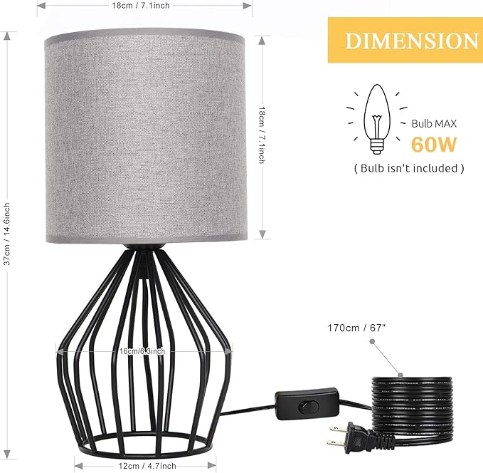 HAITRAL Farmhouse Table Lamp - Small Nightstand Lamp for Bedroom, Black Metal Cage Table Lamp for Living Room, Dorm, Office with Hollowed Out Base, Gray