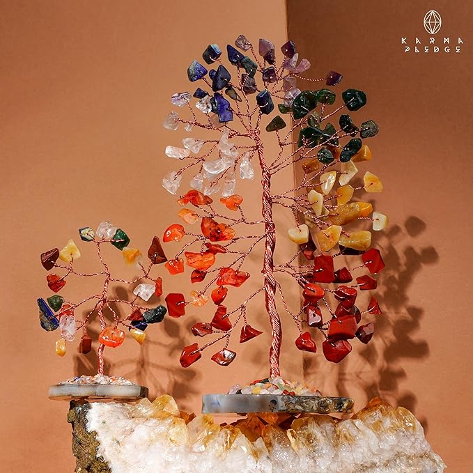 Set of 2 Crystal Trees Unique Birthday Gifts for Women, Mom & Dad, Slice Base Handmade Reiki Healing Stones for Home, Office Desk Decor, Bring Money, Positivity, Spiritual Good Luck Gifts