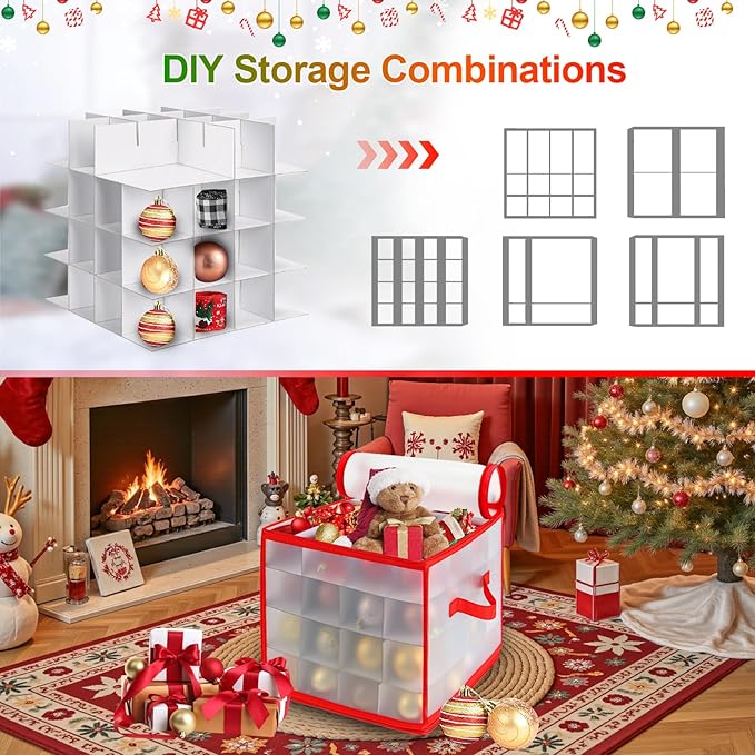 Christmas Ornament Storage Box, 64 Christmas Decoration Storage Box with Two Handles, Holiday Xmas Ornaments Box with Lid, Double-Sided Trays with Durable Zippers for Season