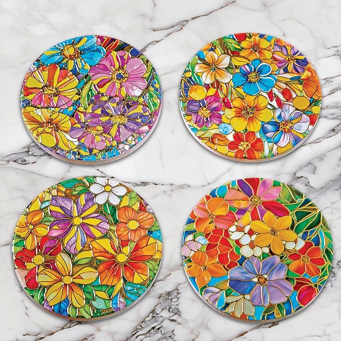 Bits and Pieces Set of 4 Drink Coasters Stained Glass Look Ceramic Coasters with Cork Backing, Bright Flowers with Gold Accents - 3 1/2" Floral Coaster Set