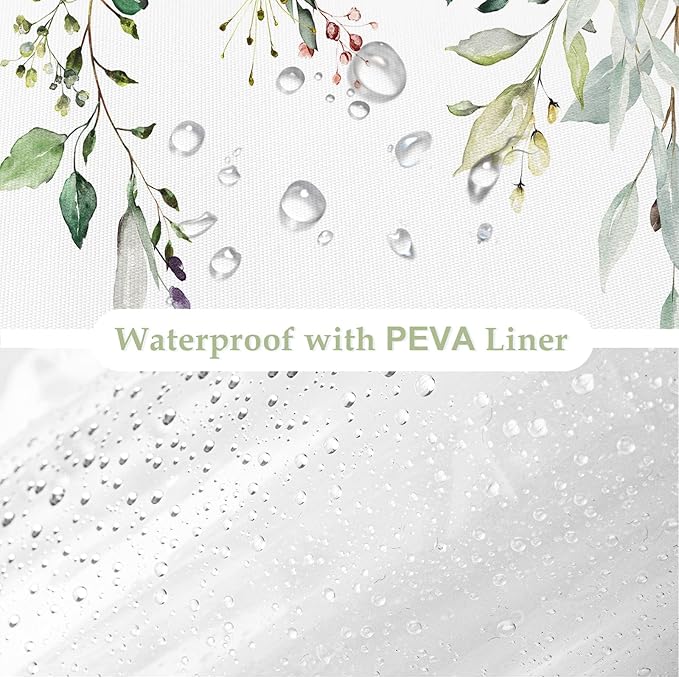 Gibelle Long 3 in 1 Shower Curtain Set, Watercolor Eucalyptus Bath Curtain and PEVA Liner Set with 12 Metal Hooks, Modern Waterproof Fabric Bathroom Curtain 72x78, Sage Green