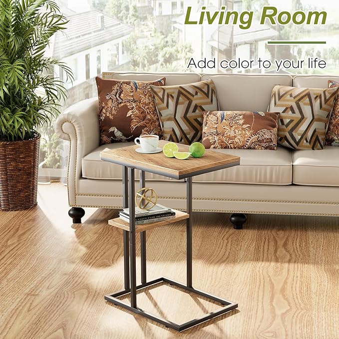 C Shaped End Table, Small Side Table for Couch and Bed, Wood Snack Table with Metal Frame for TV Tray, Sofa, Living Room, Bedroom, Bedside (Oak)