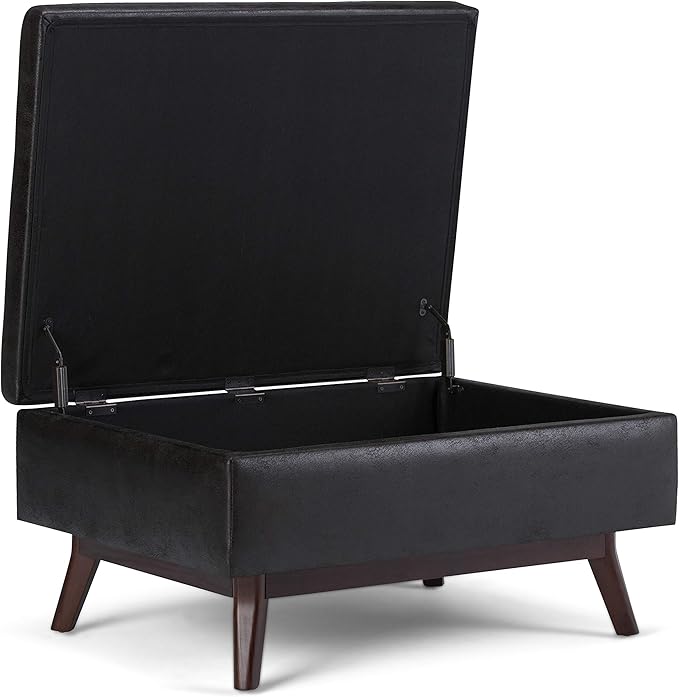 SIMPLIHOME Owen Coffee Table Storage Ottoman - 34" Wide x 19" High Upholstered Vegan Leather Rectangular Lift-Top Ottoman in Distressed Black, Mid-Century Bench for Living Room with Tapered Legs