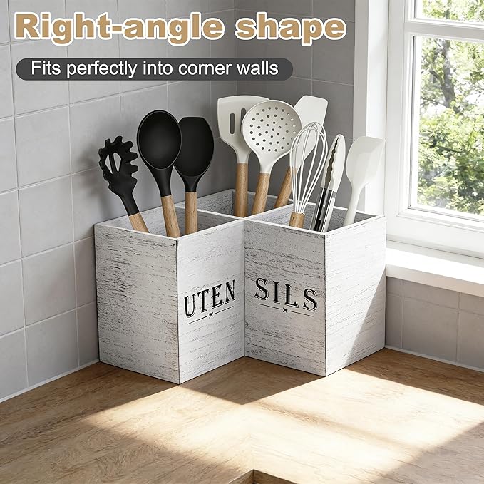 Extra Large Kitchen Utensil Holder for Countertop, Three Compartment Wooden Utensil Holder Farmhouse Decor Perfect for Storing Spatulas and Cooking Tools