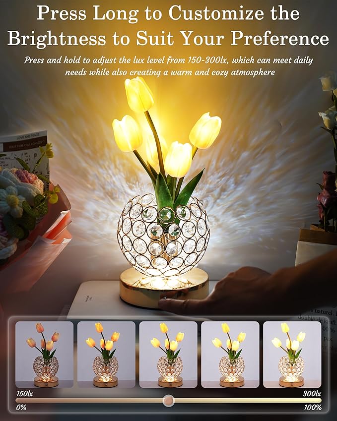 Cordless Tulip Flower Lamp, Adjutable Touch Dimming Crystal Night Light with Artificial Tulip Flower, Rechargeable LED Flower with Vase Lamp Romantic Decor for Bedside Nightstand, Gift for Mother