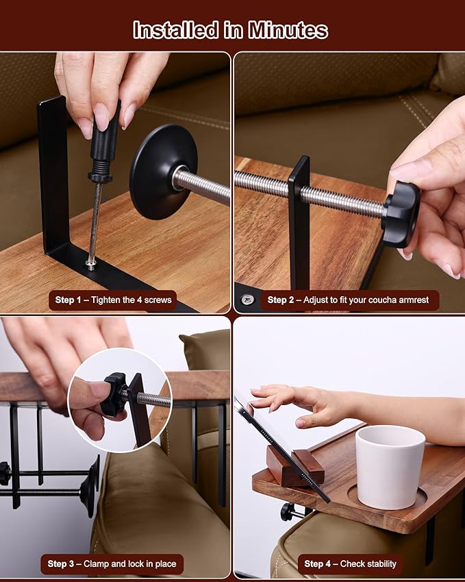 Couch Armrest Table, Acacia Wood Sofa Arm Tray with Adjustable Metal Clamp, Sofa TV Tray with Rotating Phone Holder for Snacks Drink Remotes, Include Blue Coaster