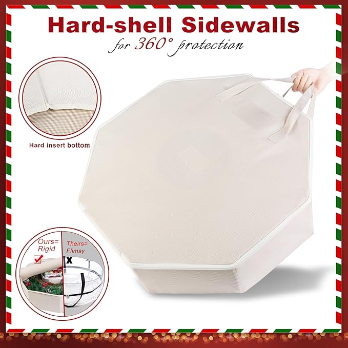 BrilliantJo Wreath Storage Hard Shell Christmas Decorations Case Bag with Interior Pockets 600D Oxford Fabric 24 Inch Xmas Container Box for Holiday Zipper and Handles Labeling Card Slot Houndstooth