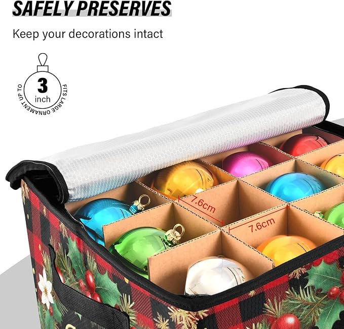 Christmas Tree Jingle Bells Ornament Storage Basket Box Xmas Wreath Winter Holiday Storage Container Cube with Adjustable Dividers for 64 Holiday Ornaments or Decorations Keeps Clean and Dry