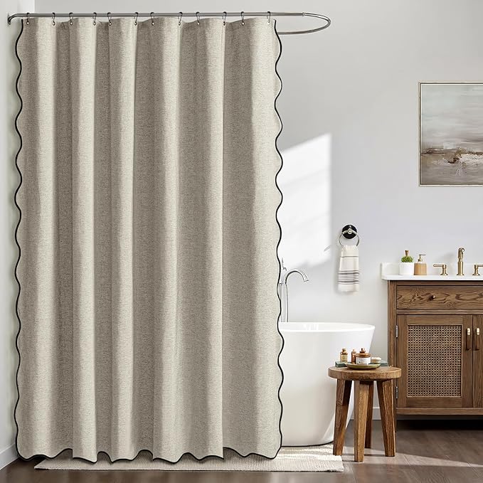 MIULEE 84" Long Scalloped Shower Curtain Linen Textured with 12 Metal Hooks Cute Extra Long Heavy Duty Washable Waterproof Cloth Shower Curtains with Black Border for Bathroom Hotel Bathtub,Linen