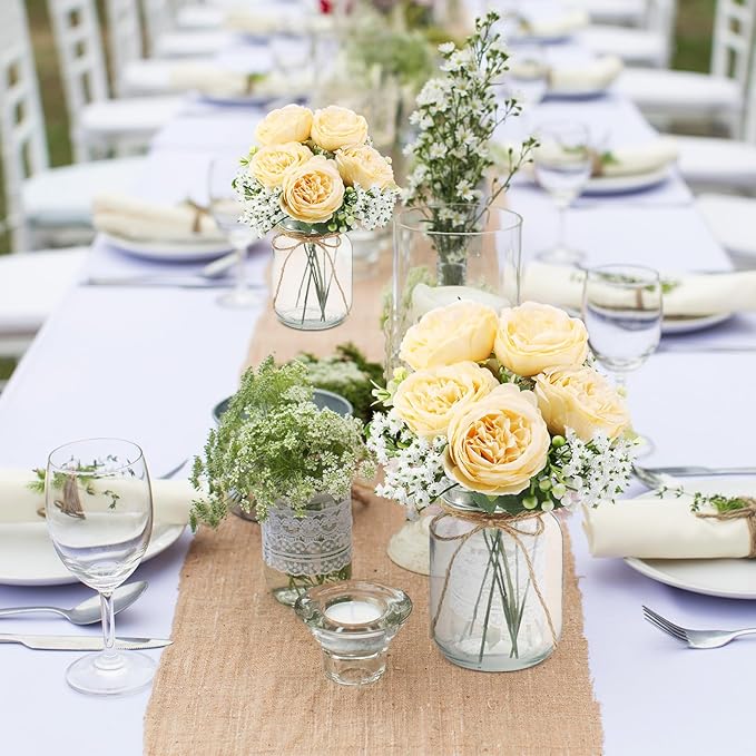 Zeyune 12 Sets Mason Jar Centerpiece Table Decorations, Artificial Peony Baby's Breath Flower Bouquets, Faux Flowers with Vase, Rustic Decor Gifts for Home, Wedding, Holiday (Champagne)