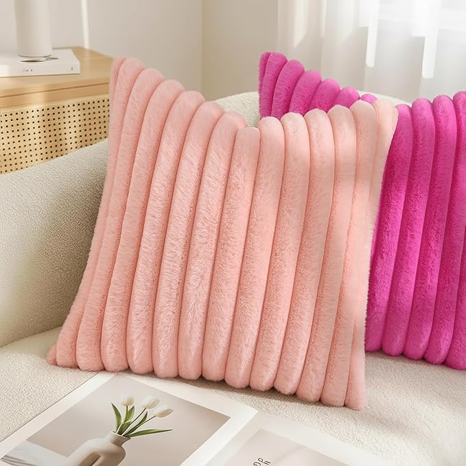 decorUhome Summer Cozy Faux Fur Throw Pillow Covers 18x18 Set of 2 Decorative Plush Striped Modern Farmhouse Boho Couch Pillow Cases with Velvet Back for Sofa Bed Living Room, Blush Pink
