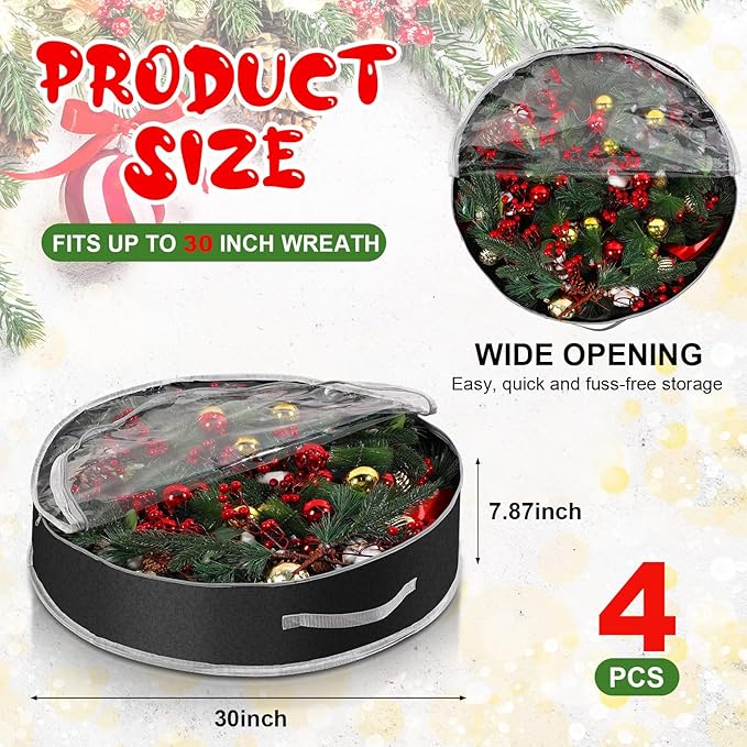 Aliceset 4 Pack Wreath Storage Containers, Ornament Garland Wreath Storage Bags with Handle Zipper Decorative Storages Box for Winter Valentine Wreaths(30 x 30 x 7.8 Inch,Black)