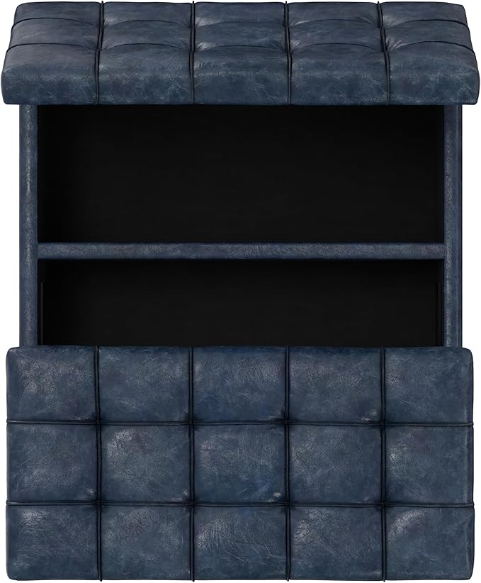 SIMPLIHOME Harrison Small Coffee Table Storage Ottoman - 30 inch Wide Upholstered Vegan Leather Square Lift-Top Ottoman in Denim Blue, Transitional Ottoman for Living Room with Hidden Storage