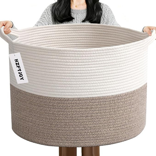 65L Large Woven Cotton Rope Blanket Basket with Handles, Laundry Hamper Storage Bin for Pillows, Clothes, Bedroom and Living Room Organization, White & Brown