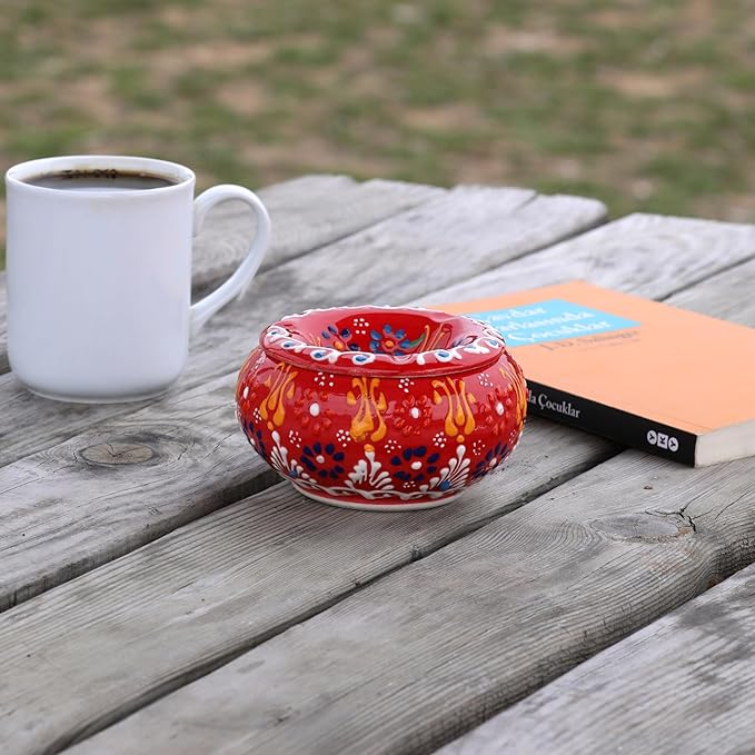 Decorative Ceramic Jar-Colorful Decorative Jar with Lid-Handmade Small Decorative Jar-Windproof Unique Jars-Turkish Home Decor (Red)