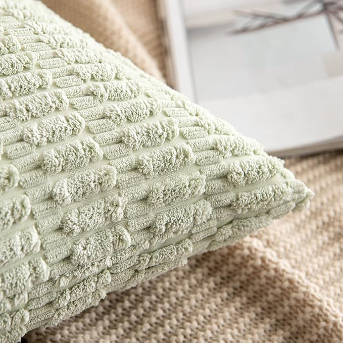 MIULEE Pack of 2 Spring Corduroy Decorative Lumbar Throw Pillow Covers 20x12 Inch Soft Boho Striped Pillow Covers Modern Farmhouse Home Decor for Summer Sofa Living Room Couch Bed Light Green