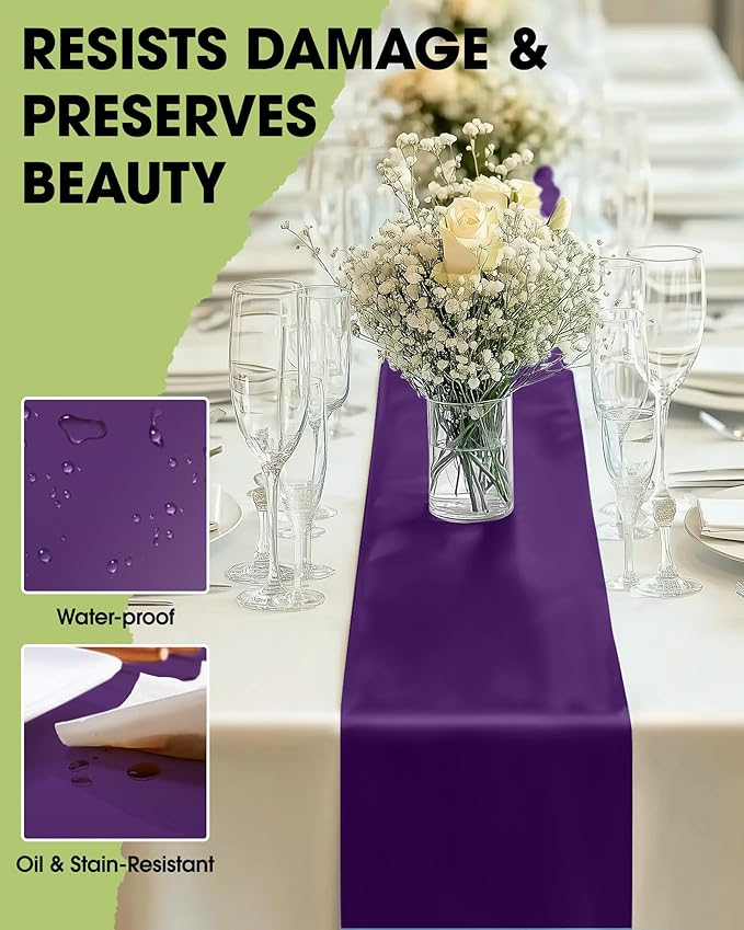 Pureegg Purple Plastic Table Runners - 10 Pack, 14'' x 108'', Water Resistant & Disposable Centerpiece Decorations for Table Cloth, Wedding, Birthday, Holiday, Baby Shower, Party, Home Decor