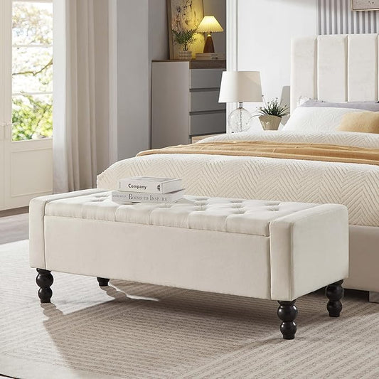 50" W Storage Ottoman Bench with Safety Hinge, Load up to 660 lb Ottoman with Storage, Upholstered Tufted Entryway Bench with Seating for Living Room, Bedroom, (Beige)