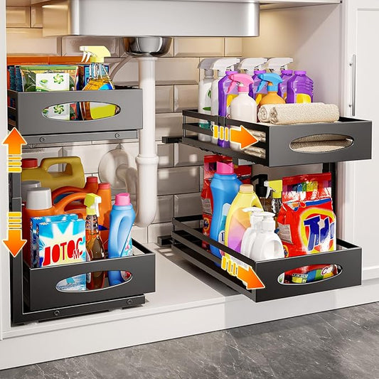 mixeshop Under Sink Organizer, 2 Tier Under Sink Organizers and Storage, Adjustable Height, Slide out Metal Cabinet Organizers, Pull out Cabinet Storage Drawer Shelf for Kitchen Bathroom (Black, 2)