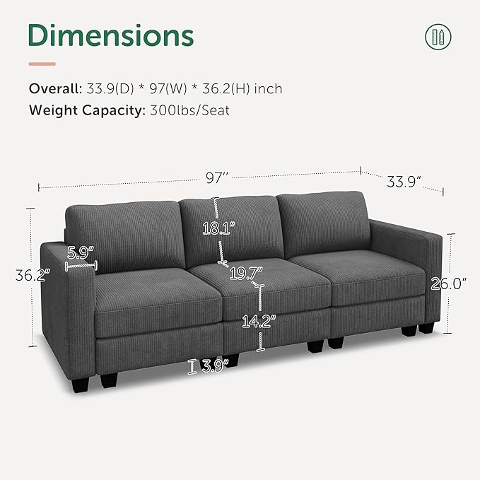 HONBAY 97'' Sectional Sofa, 3 Seaters Modular Sofa, Comfy Corduroy Pet Friendly Fabric for Small Space,Living Room, Grey