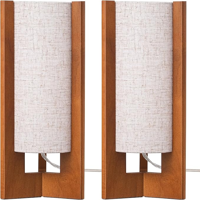 EDISHINE Wood Table Lamps, 13.5" Small Bedside Lamp, Beige Linen Shade, Rose Wood Cylinder Modern Nightstand Lamp for Bedroom Living Room, On-Off Line Switch, E26 Base (Bulb Not Included), 2Pack