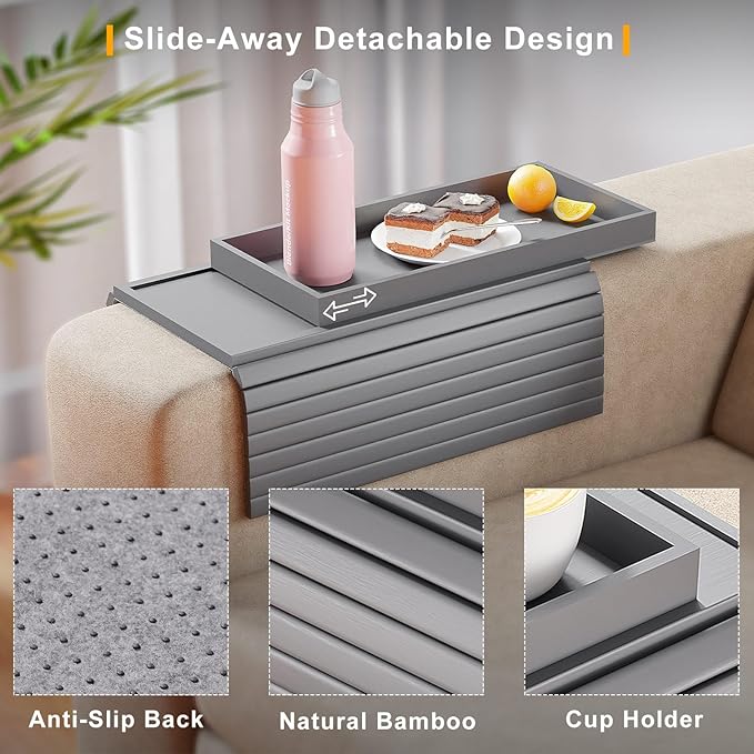 Bestjing Bamboo Sofa Armrest Tray Table for Couch - 2-in-1 Foldable Couch Arm Table with Be Slide Detachable Tray- Anti-Slip Sofa Armchair Caddy for Drinks Cellphone TV Remote Snacks(Gray)