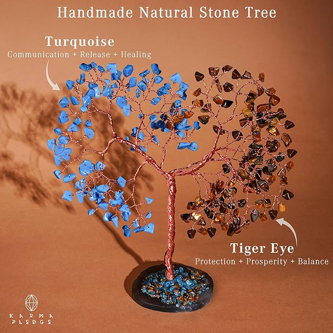 Handmade Healing Crystal Tree of Life Pink Tiger Eye and Turquoise Chakra Tree for Money, Good Luck, Feng Shui Home Decor, Living Room Office Deocration, Unique Birthday Gifts for Women, Men, Mom