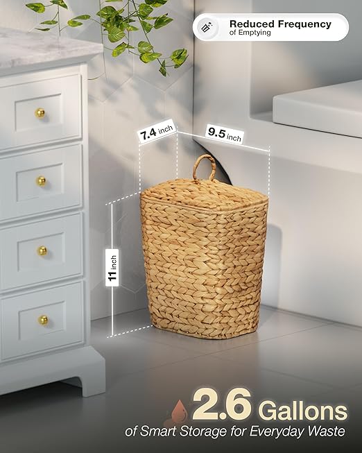 BLUEWEST 2.6 Gallon Wicker Trash Can with Lid, Handwoven Rattan Trash Can, Woven Decorative Wastebasket, Wicker Waste Basket with Removable Plastic Inner Bin for Bathroom, Bedroom, Office, or Kitchen