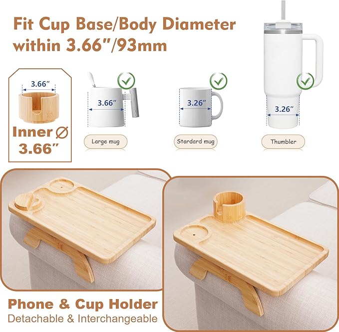 Couch Arm Table, 3-in-1 Sofa Armrest Tray with 360° Rotating Phone Holder & Cup Holder, Clip-On Armchair Side Table for Drinks, Snacks & Remote, Large 15.36" x 9.85" (Natural Bamboo)